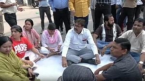 Lawyers protest against demolition of chambers in Lucknow.