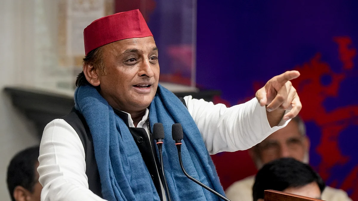 Samajwadi Party chief Akhilesh Yadav addresses a press conference at the party office in Lucknow.