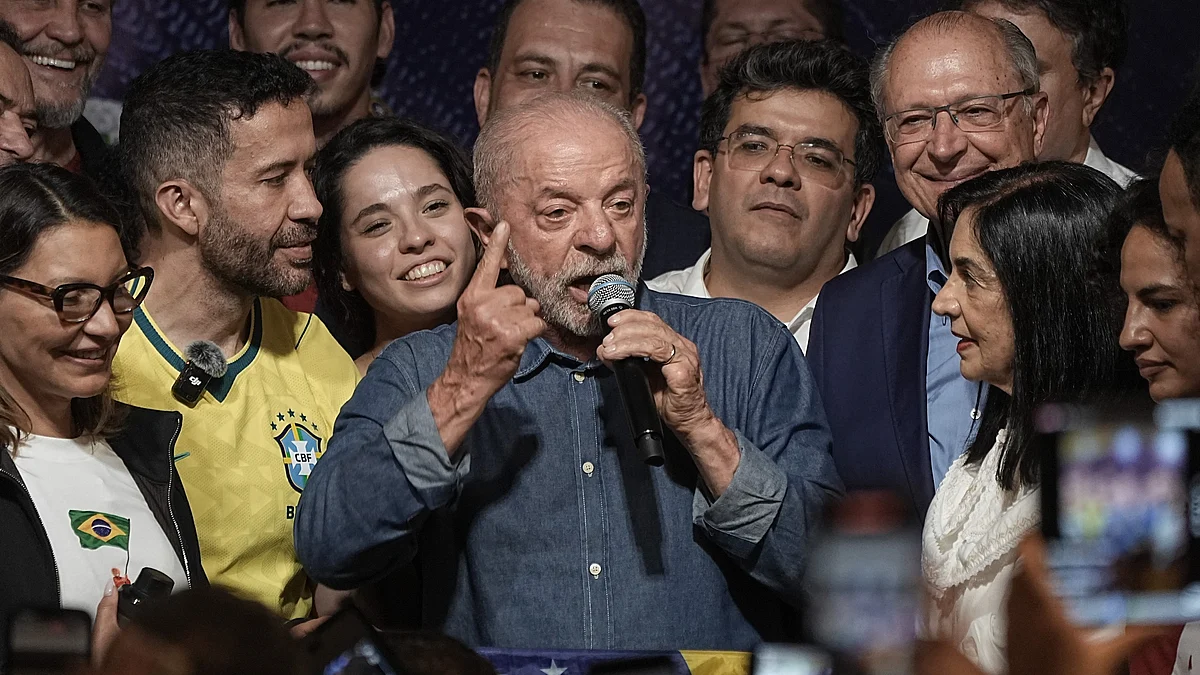 Lula delivers a speech following his victory in the presidential runoff in Sao Paulo.