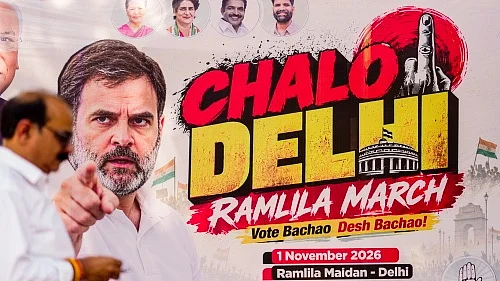A banner of the 'Chalo Delhi' Ramlila march outside the Congress headquarters in New Delhi, 28 Oct