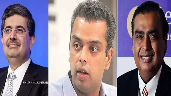 (बाएं से) उदय कोटक, मिलिंद देवड़ा और मुकेश अंबानी (फोटो : सोशल मीडिया)
