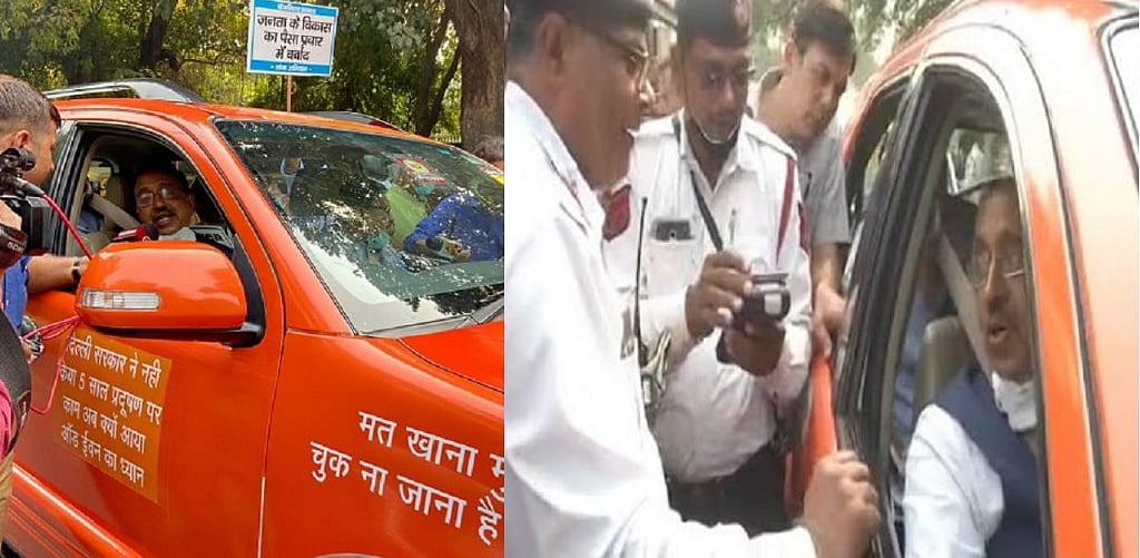 ऑड-ईवन: केजरीवाल के मंत्री ने विजय गोयल को गुलदस्ता भेंट कर नियम पालन करने की अपील की, नहीं माने, कटा चालान