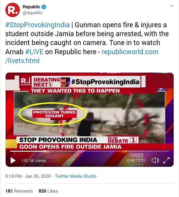 जामिया फायरिंग पर रिपब्लिक ने बोला झूठ, अर्णब ने माफी तो मांगी, लेकिन लिखते रहे ‘न उकसाओ भारत को’