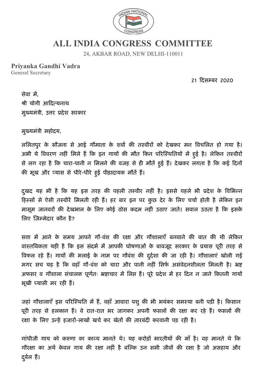 यूपी में गायों की मौत पर प्रियंका ने जताई चिंता, सीएम योगी आदित्यनाथ को पत्र लिखकर कही ये बात
