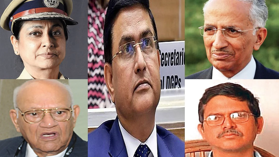 (ऊपर बाएं) मीरा चड्ठा बोरवंकर, (नीचे बाएं) जूलियो रिबेरो, (बीच में) राकेश अस्थाना, (ऊपर दाएं) प्रकाश सिंह, (नीचे दाएं) अमिताभ ठाकुर