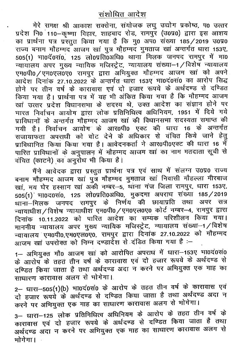 वोटर लिस्ट से कटा आजम खान का नाम, बीजेपी उम्मीदवार की शिकायत पर चुनाव अधिकारी ने जारी किया आदेश