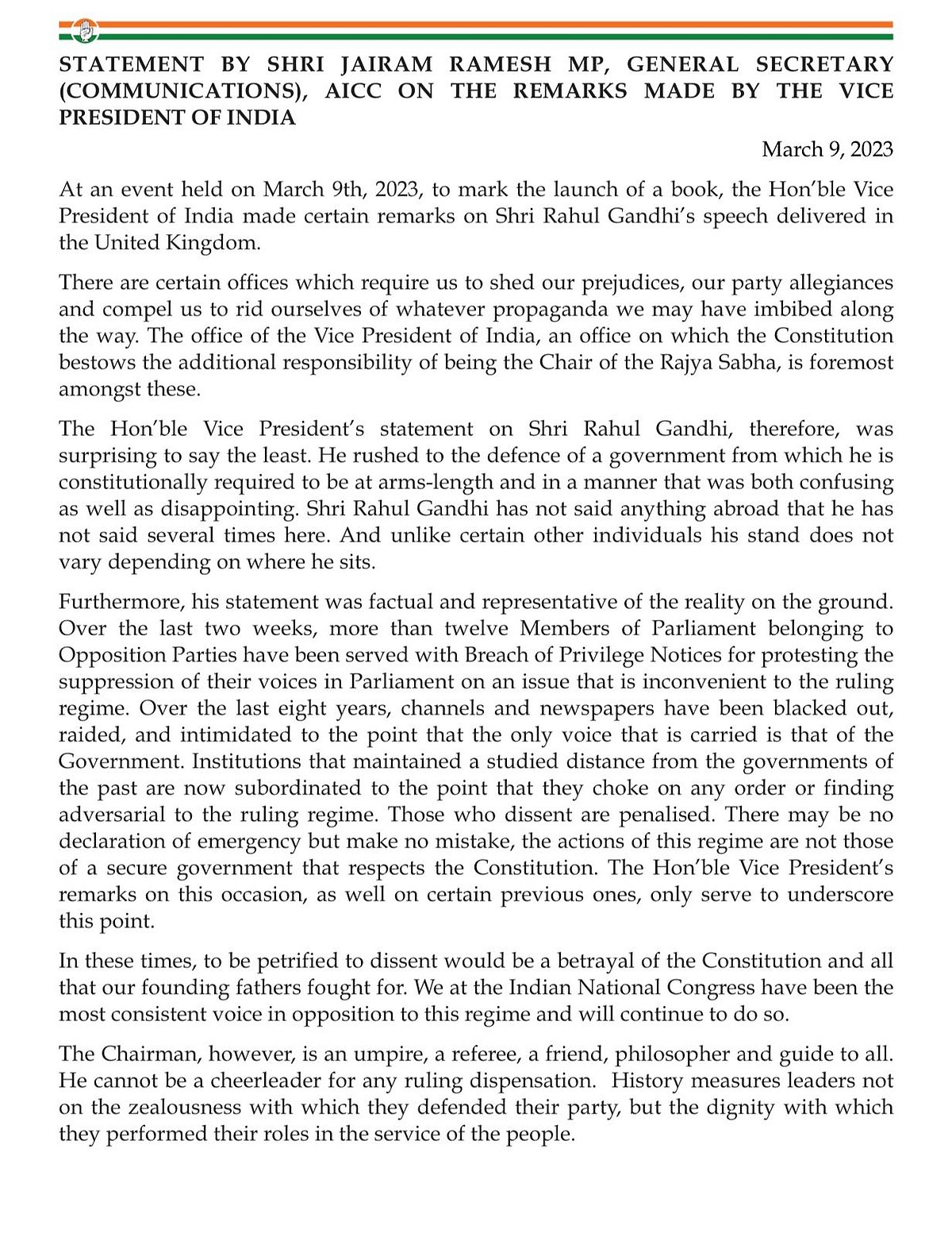 राहुल गांधी पर उपराष्ट्रपति की टिप्पणी पर कांग्रेस की तीखी प्रतिक्रिया, कहा- पद की गरिमा बनाए रखें