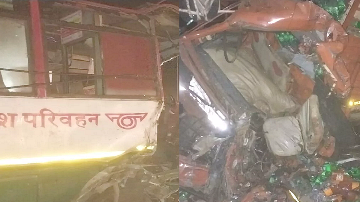 यूपी के अलीगढ़ में रोडवेज बस और कैंटर की भीषण टक्कर।