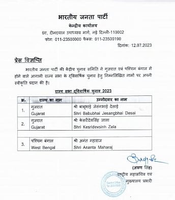 BJP ने गुजरात, बंगाल के राज्य सभा उम्मीदवारों के नाम का किया ऐलान, देखें पूरी लिस्ट