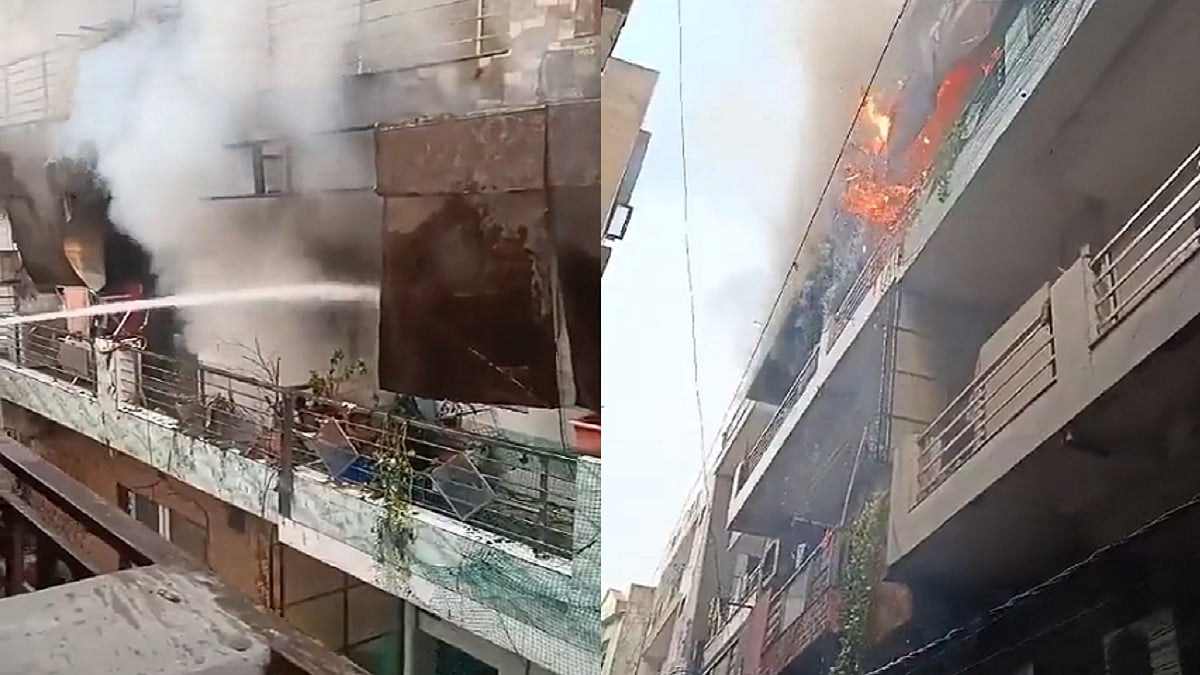 दिल्ली: LPG सिलेंडर में धमाके के बाद इमारत में लगी भीषण आग, देखें वीडियो