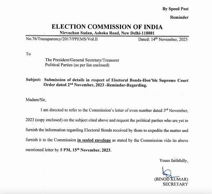 इलेक्टोरल बॉन्ड पर सभी दलों को चुनाव आयोग का रिमाइंडर, कल शाम 5 बजे तक सीलफंद लिफाफे में मांगी डिटेल