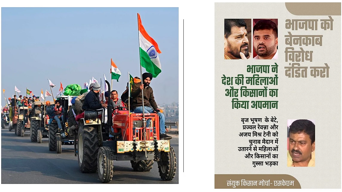 (बाएं) किसानों का ट्रैक्टर मार्च और (दाएं) किसान मोर्चा द्वारा जारी पोस्टर