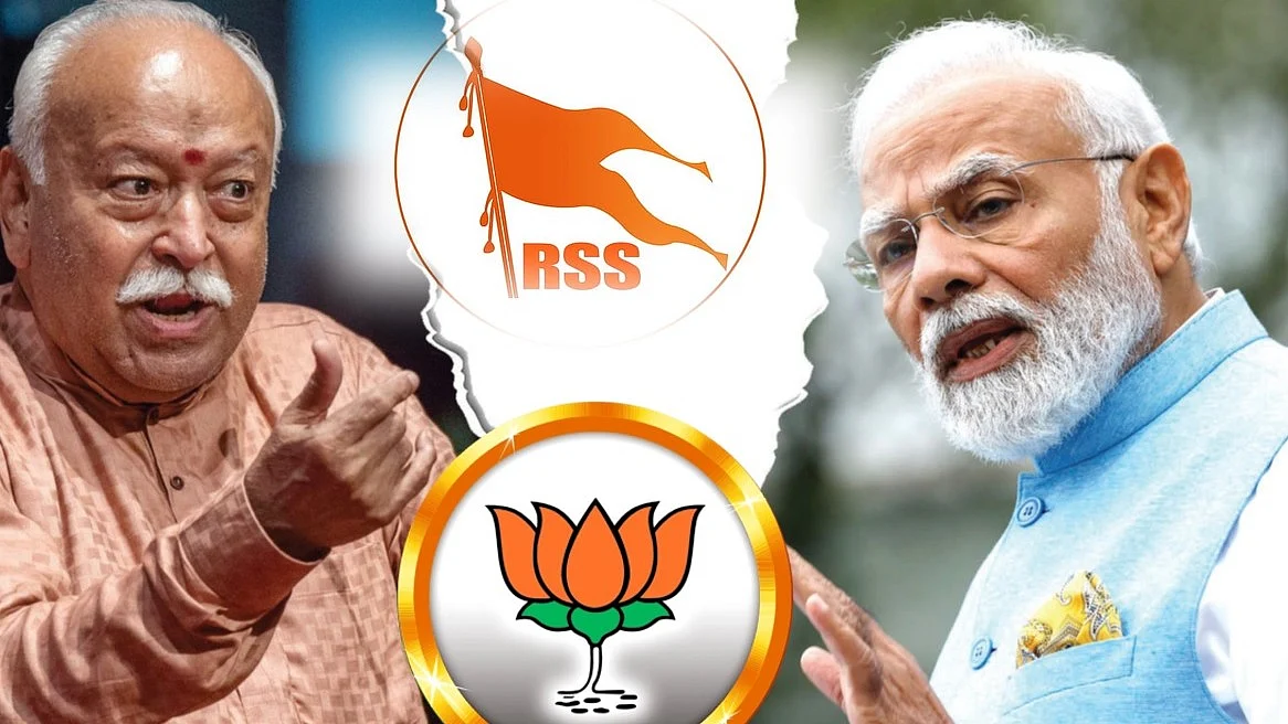 (बाएं) संघ प्रमुख मोहन भागवत और (दाएं) प्रधानमंत्री नरेंद्र मोदी