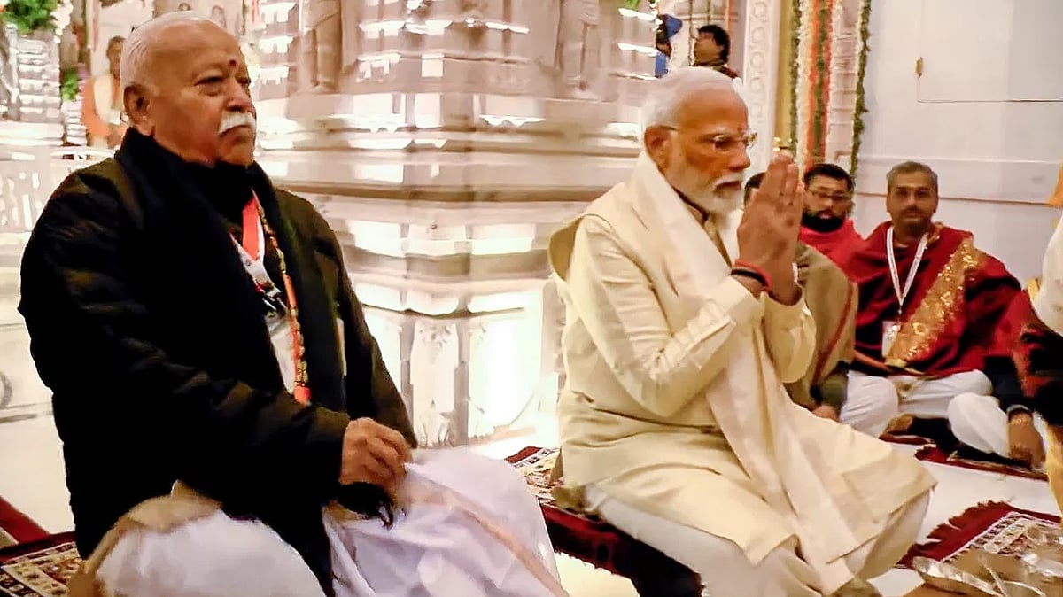 राम मंदिर उद्घाटन के मौके पर आरएसएस प्रमुख मोहन भागवत और प्रधानमंत्री नरेंद्र मोदी (फाइल फोटो)