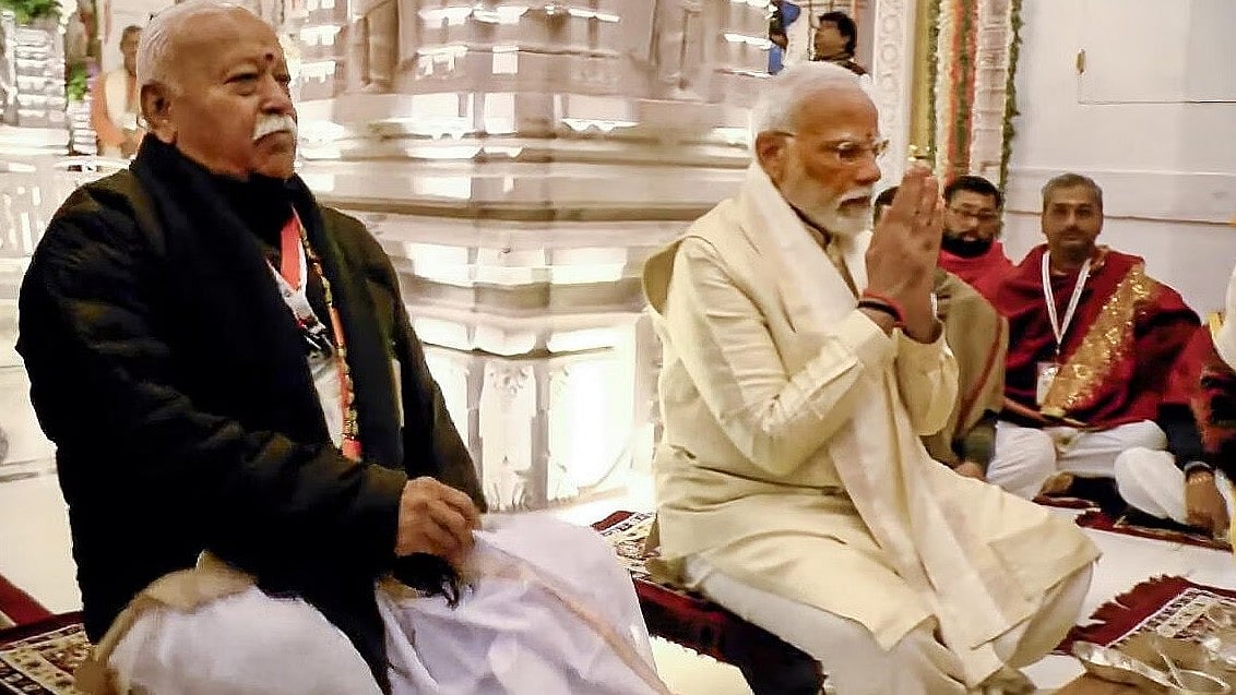 आरएसएस प्रमुख मोहन भागवत और प्रधानमंत्री नरेंद्र मोदी राम मंदिर के उद्घाटन के मौके पर 