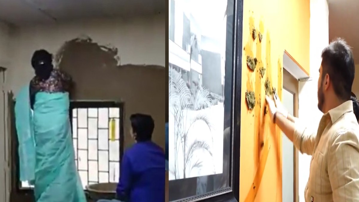 (बाएं) गोबर से क्लासरूम की लिपाई करती लक्ष्मीबाई कॉलेज की प्रिंसिपल और (दाएं) उनके कार्यालय में गोबर की लिपाई करते डुसु अध्यक्ष रौनक खत्री