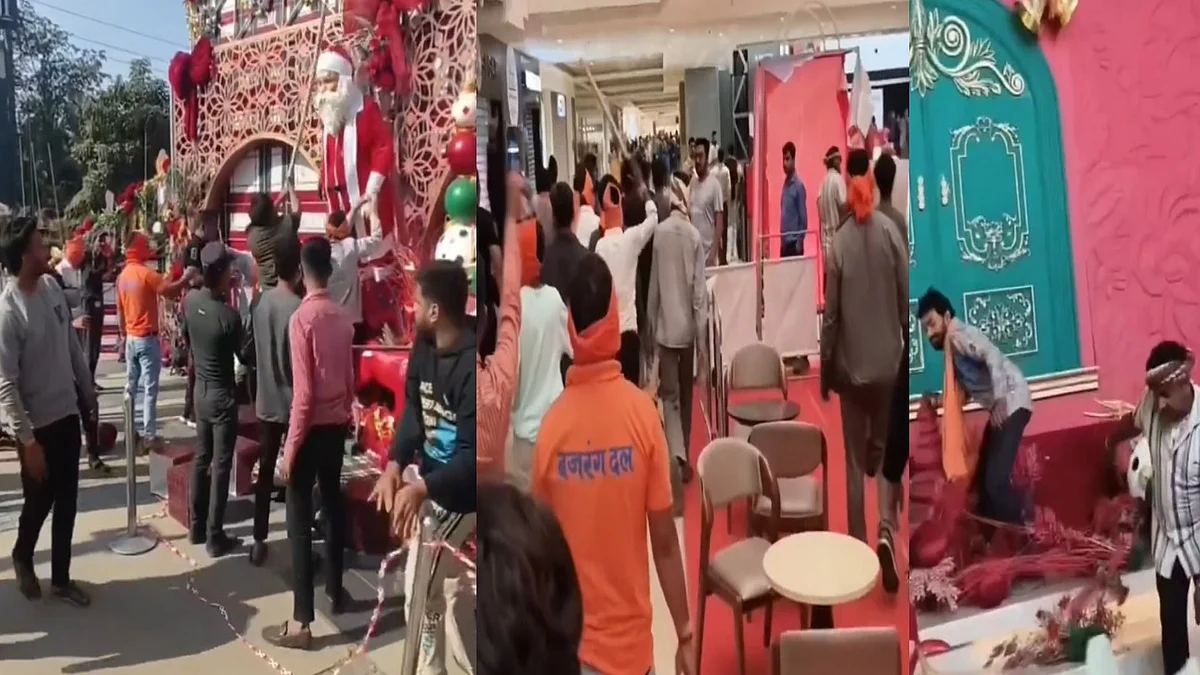 छत्तीसगढ़ के रायपुर में क्रिसमस की पूर्व संध्या पर एक मॉल में हिंदुत्व उपद्रवियों ने क्रिसमस सजावट पर हमला किया। (वीडियो स्क्रीन शॉट)