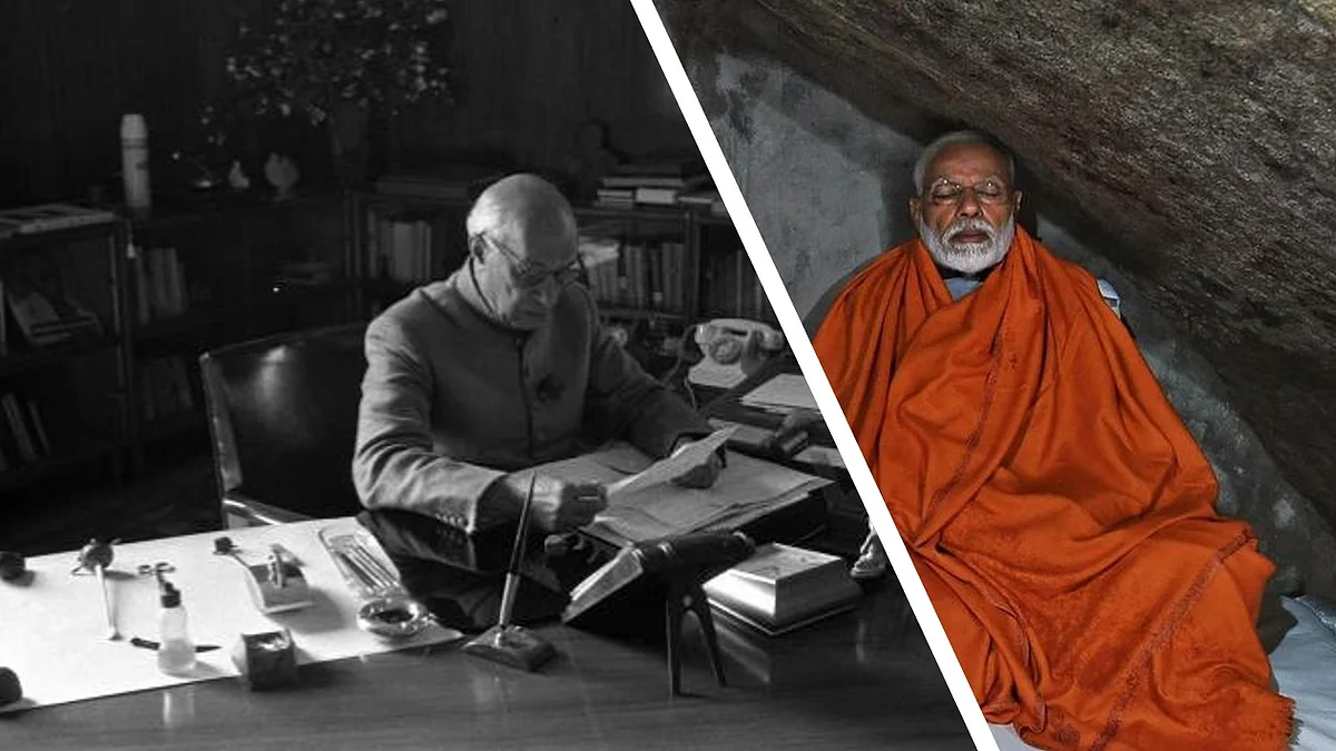 (बाएं) जवाहर लाल नेहरू अपनी राइटिंग डेस्क पर 1961 में और (दाएं) केदारनाथ गुफा में प्रधानमंत्री नरेंद्र मोदी
