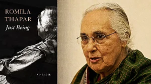 इतिहासकार रोमिला थापर और उनकी हाल ही में प्रकाशित आत्मकथा 'जस्ट बीइंग' का आवरण पृष्ठ