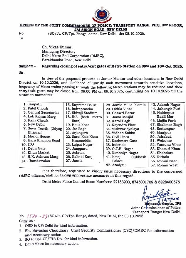 दिल्ली मेट्रो के 57 स्टेशन आज रात 9 बजे से होंगे बंद? प्रदर्शन के चलते पुलिस ने DMRC को लिखा पत्र; देखें स्टेशनों की सूची