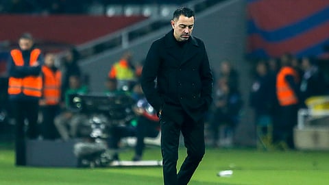 Barcelona's head coach Xavi Hernandez reacts during a Spanish La Liga soccer match between Barcelona and Villarreal at the Olimpic Lluis Companys stadium on Jan. 27, 2024. 