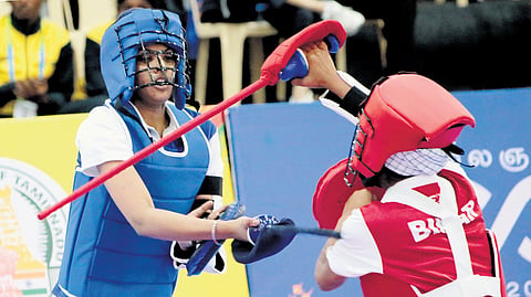 Gatka event in progress at the Khelo India venue in Madurai on Sunday.