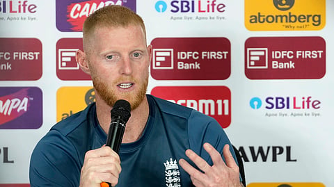 England's captain Ben Stokes addresses the media ahead of their first cricket test match against India in Hyderabad, India, Wednesday, Jan. 24, 2024. 