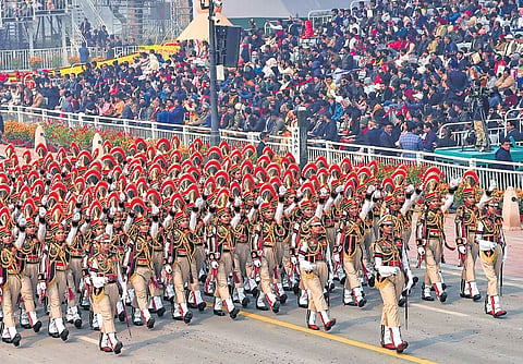 All-woman contingent of the Delhi Police marches past during the 75th Republic Day parade at the Kartavya Path in New Delhi. 