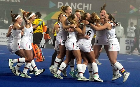 German players celebrate their win over India in the FIH Hockey Olympic Qualifiers at the Marang Gomke Jaipal Singh Astro Turf Hockey Stadium, Ranchi, Jan 18, 2024.
