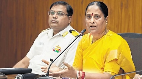 Environment & Forests Minister Konda Surekha gestures as she addresses the 
media at the Secretariat in Hyderabad on Tuesday
