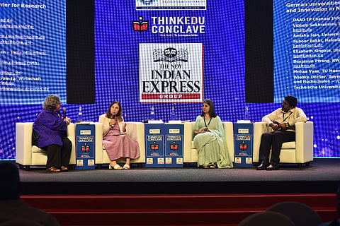 (From L) Senior Journalist Kaveree Bamzai, Germany cosul-general, Chennai, Michaela Kuchler, College of science and engineering partnerships, India, University of edinburgh, head, Amrita sadarangani, Kerala state higher education council, program officer, Eldho Mathews during the Think Edu 2024 conclave held in Chennai.
