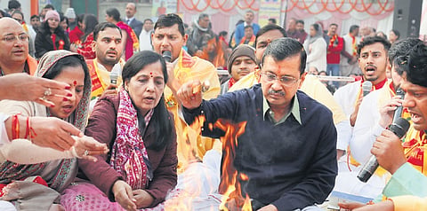 Arvind Kejriwal with wife Sunita takes part in ‘Sundarkand’ recitation at Rohini.