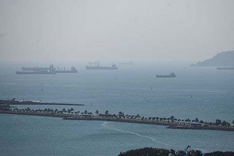Cargo ships wait in Panama Bay for transit through the Panama Canal, in Panama City, Wednesday, Jan. 17, 2024. 