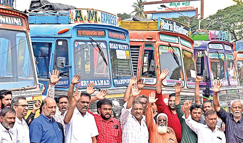 Truck drivers protest against the harsh punishment to drivers in hit-and-run cases under the new Bharat Nyaya Sanhita. 