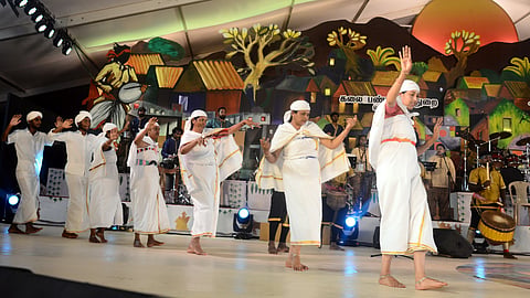 Artistes performing folk dance at Chennai Sangamam at Island Ground. 