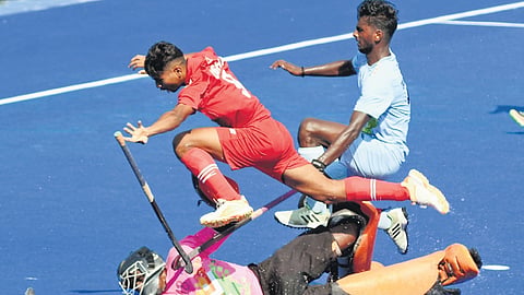 Odisha beat Tamil Nadu 6-1 in the hockey match on Sunday; Judokas in action at the Jawaharlal Nehru Stadium.
