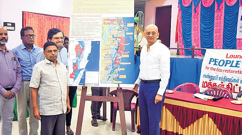 Retired judges Muralidhar, Hariparandhaman and Kannan releasing the plan drafted by Ennore Makkal Paathukaappu Kuzhu 