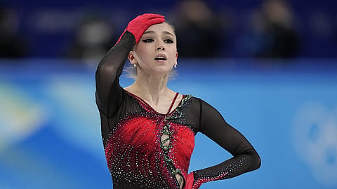 Kamila Valieva reacts in the women's team's free skate program during the figure skating competition at the 2022 Winter Olympics in Beijing, Feb 7, 2022. 
