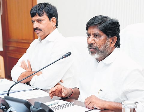 Deputy CM and Finance Minister Mallu Bhatti Vikramarka speaks during a meeting with officials of different departments at the Secretariat on Thursday