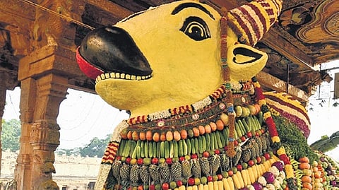 The Maha Nandi was decorated with vegetables and fruits weighing a total of 1,000 kg. 