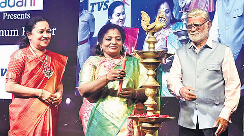 Telangana Governor Dr Tamilisai Soundararajan inaugurates the 26th Devi Awards function by lighting a lamp as TNIE CEO Lakshmi Menon, Editorial Director Prabhu Chawla and Editor Santwana Bhattacharya look on. 