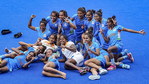 Indian players celebrate after their victory against Australia during women's field hockey quarterfinal match at the 2020 Summer Olympics in Tokyo.