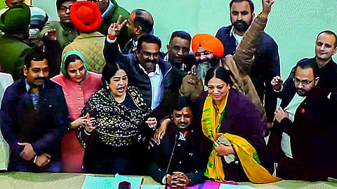 BJP's Manoj Sonkar with party councillors celebrates after winning the post of Mayor in the Chandigarh municipal corporation polls, in Chandigarh