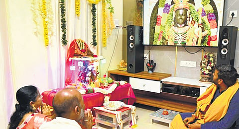 BJP national general secretary and MP Bandi Sanjay 
Kumar performs a special pooja as he watches the Ayodhya Ram Mandir consecration live on TV 
at his residence in Karimnagar 
on Monday