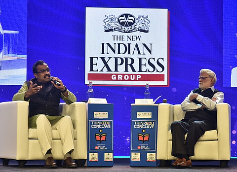 Author and Thinkar Ram Madhav speaks on `Bharat and Hindutva : How far do they go',  during the Think Edu 2024 conclave in Chennai. TNIE  Editorial director Prabhu Chawla also look on.