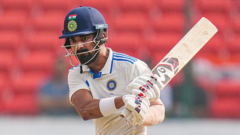 India's KL Rahul plays a shot during the second day of the first test match between India and England, at Rajiv Gandhi International Cricket Stadium in Hyderabad on Jan. 26, 2024. 