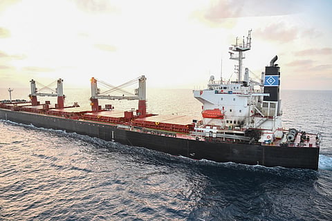 This handout photograph released on January 18, 2024 by the Indian Ministry of Defence shows the Marshall Island flagged MV Genco Picardy vessel following a drone attack in the Gulf of Aden. 