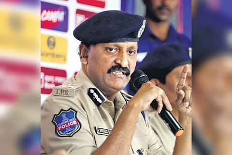 Rachakonda Commissioner Sudheer Babu during a press meet at Rajiv Gandhi stadium in Hyderabad. 