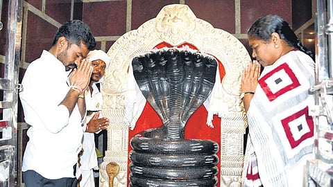 Panchayat Raj and Rural Development Minister Dansari Anasuya offers prayers 
at Keslapur Nagoba temple on Wednesday
