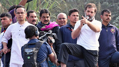 Congress leader Rahul Gandhi addresses the supporters during the 'Bharat Jodo Nyay Yatra', in Guwahati, Assam on Tuesday. 